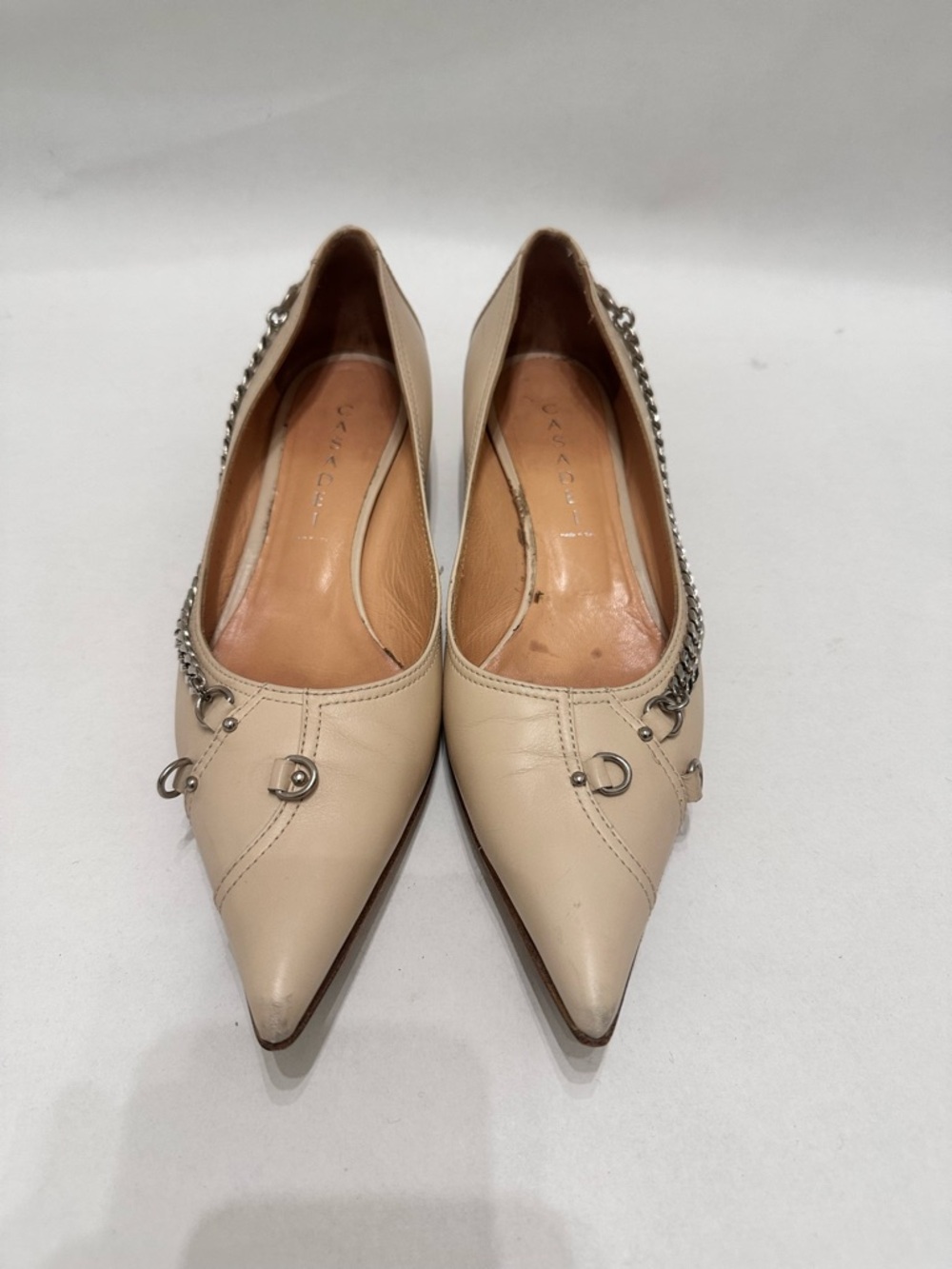 Casadei Cream Pointed Toe Flats with Chain Accent